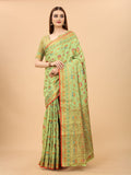 Women's Pista color With Golden Zari Chanderi Cotton silk saree with Customize blouse piece