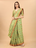 Women's Pista color With Golden Zari Chanderi Cotton silk saree with Customize blouse piece