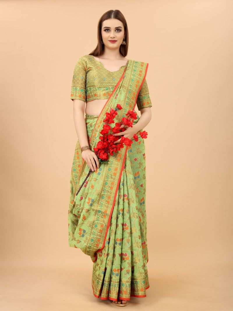 Women's Pista color With Golden Zari Chanderi Cotton silk saree with Customize blouse piece