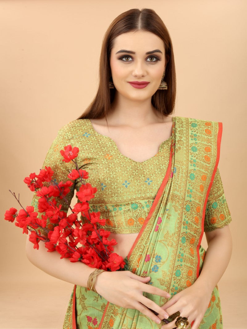 Women's Pista color With Golden Zari Chanderi Cotton silk saree with Customize blouse piece