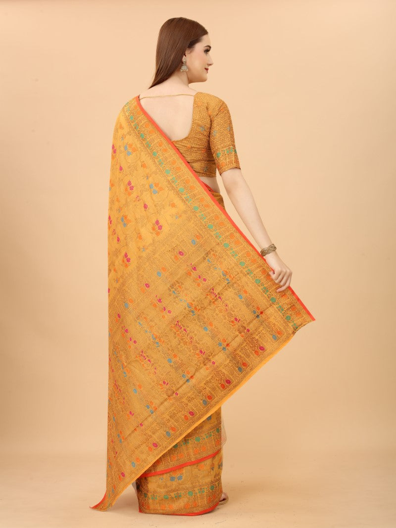 Women's Yellow color With Golden Zari Chanderi Cotton silk saree with Customize blouse piece