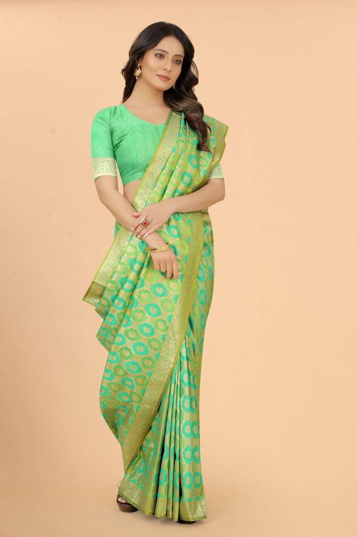 Women's Light Green color With Golden Zari Lichi silk saree with Customize blouse piece