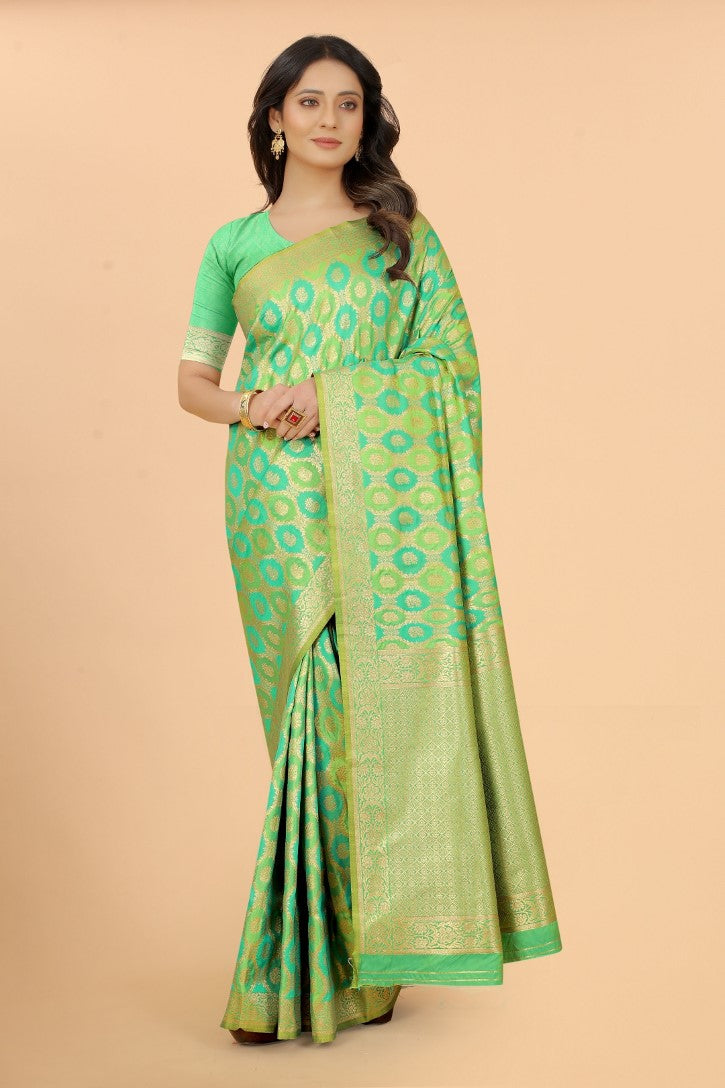 Women's Light Green color With Golden Zari Lichi silk saree with Customize blouse piece