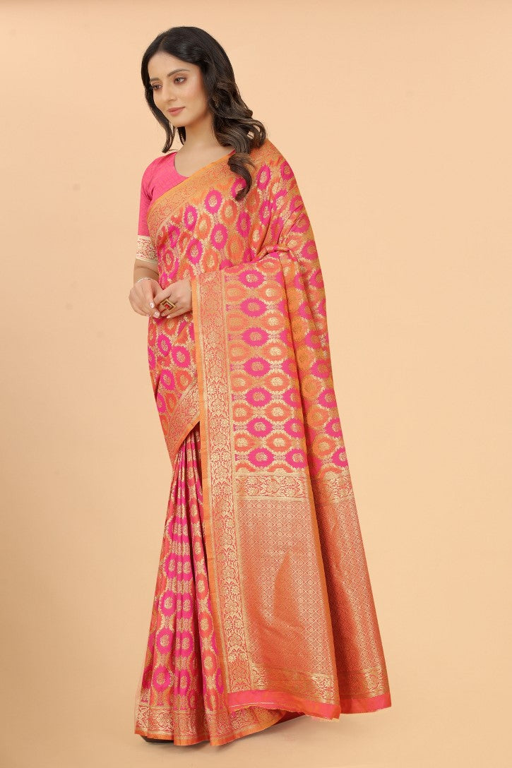 Women's Pink color With Golden Zari Lichi silk saree with Customize blouse piece