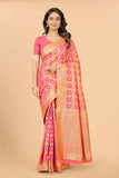 Women's Pink color With Golden Zari Lichi silk saree with Customize blouse piece