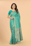 Women's Firozi color With Golden Zari Lichi silk saree with Customize blouse piece