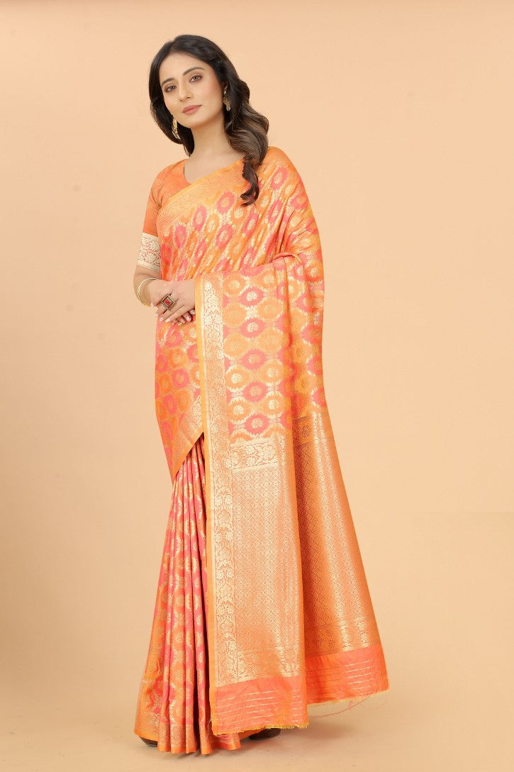 Women's Orange color With Golden Zari Lichi silk saree with Customize blouse piece