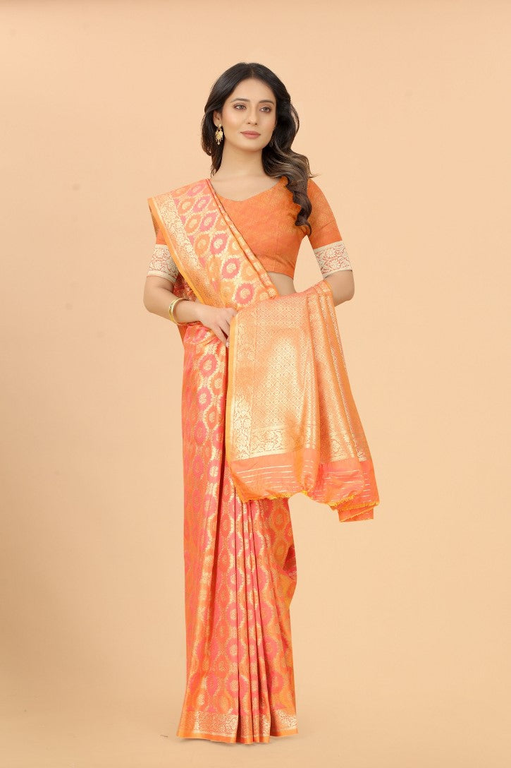 Women's Orange color With Golden Zari Lichi silk saree with Customize blouse piece