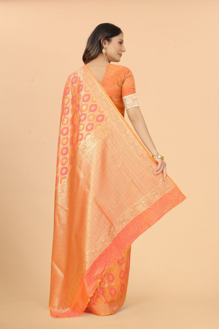 Women's Orange color With Golden Zari Lichi silk saree with Customize blouse piece