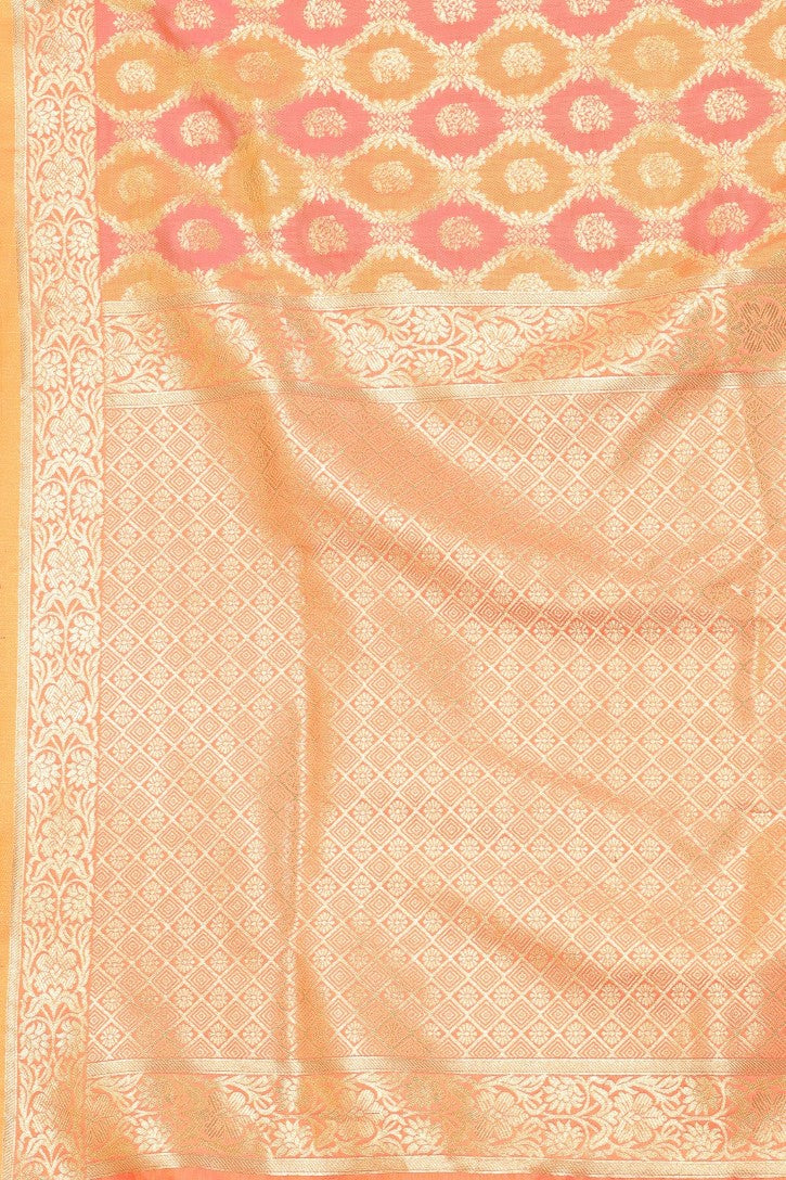 Women's Orange color With Golden Zari Lichi silk saree with Customize blouse piece