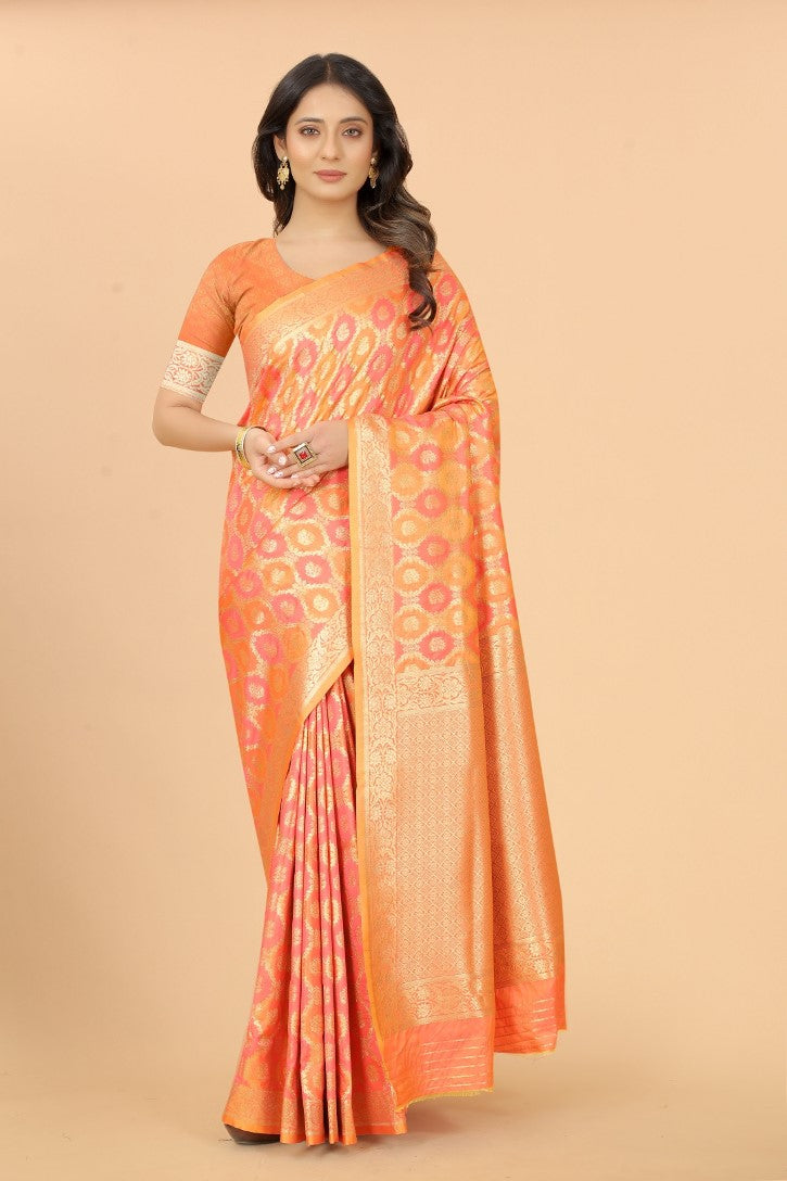 Women's Orange color With Golden Zari Lichi silk saree with Customize blouse piece