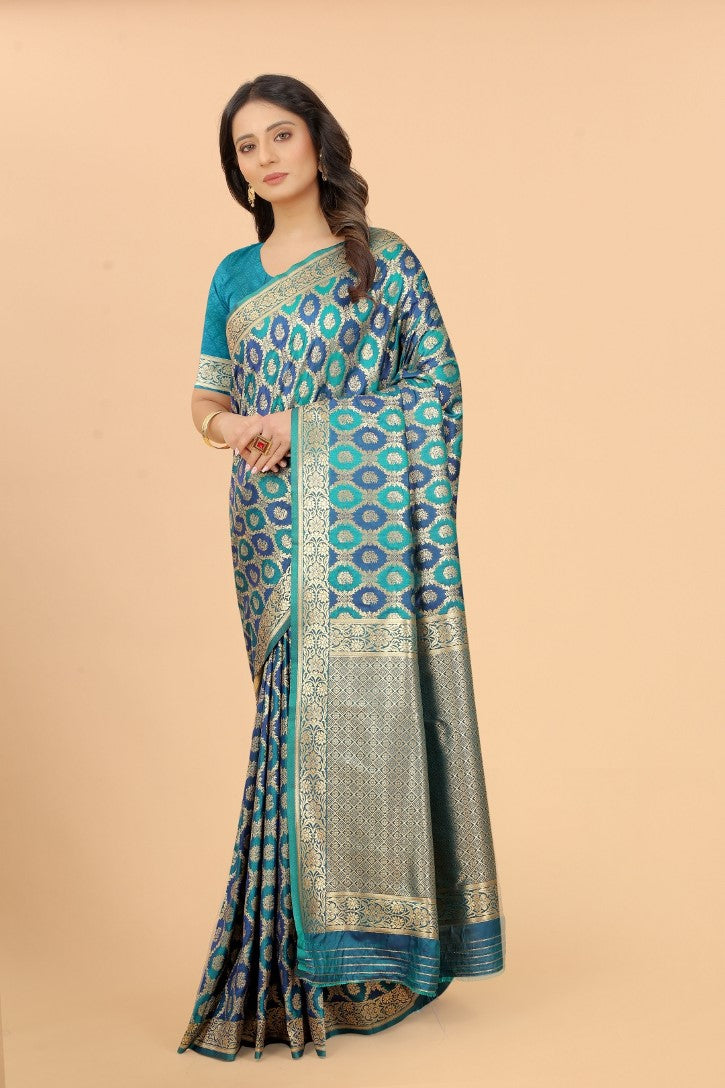 Women's Sky Blue color With Golden Zari Lichi silk saree with Customize blouse piece