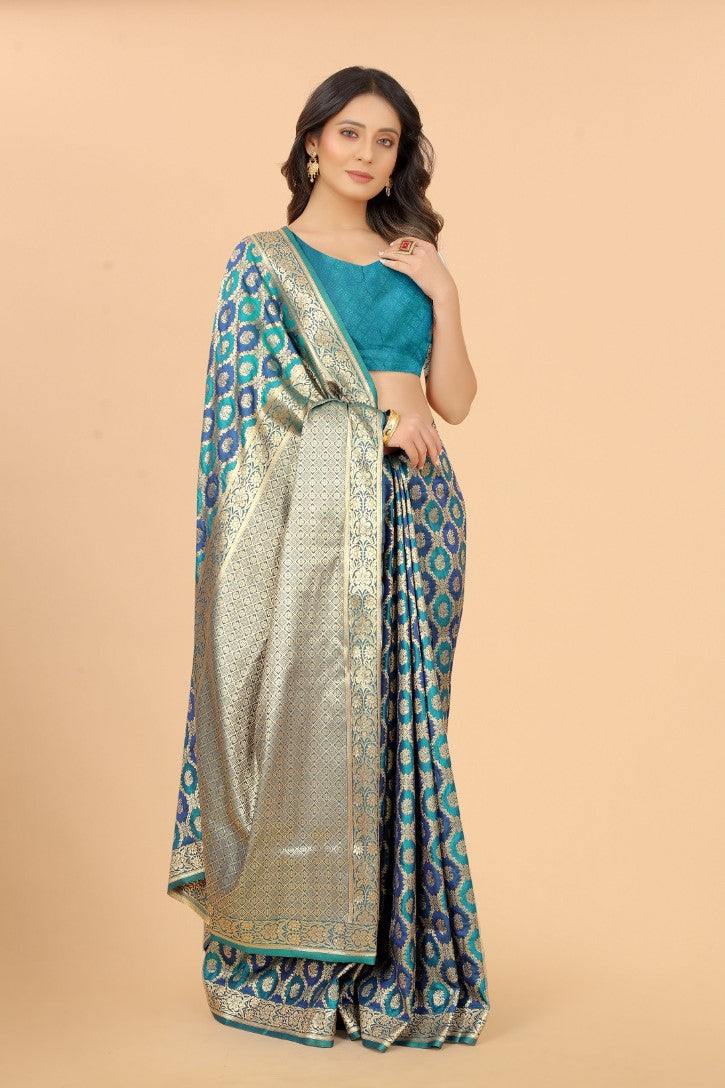 Women's Sky Blue color With Golden Zari Lichi silk saree with Customize blouse piece