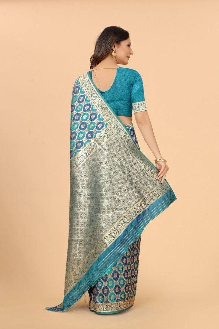 Women's Sky Blue color With Golden Zari Lichi silk saree with Customize blouse piece