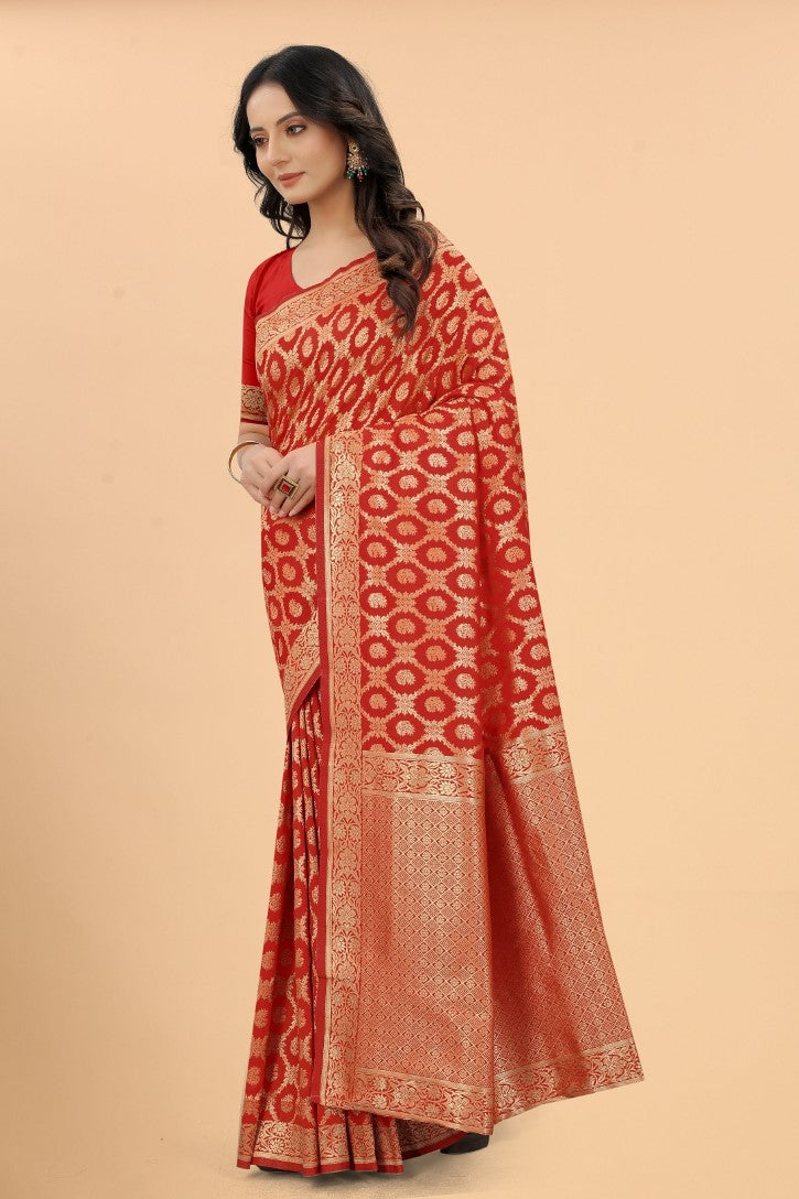 Women's Red color With Golden Zari Lichi silk saree with Customize blouse piece