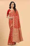 Women's Red color With Golden Zari Lichi silk saree with Customize blouse piece