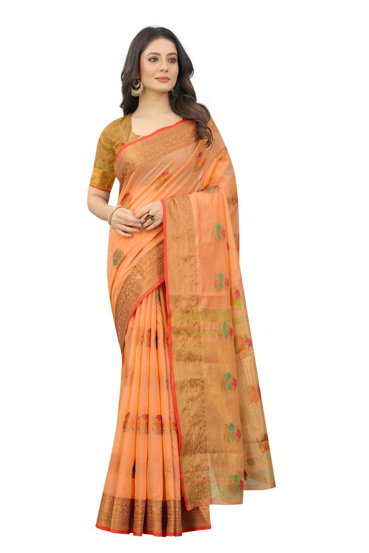 Women's Orange color With Golden Zari Cheap Pallu Chanderi Cotton silk saree with Customize blouse piece