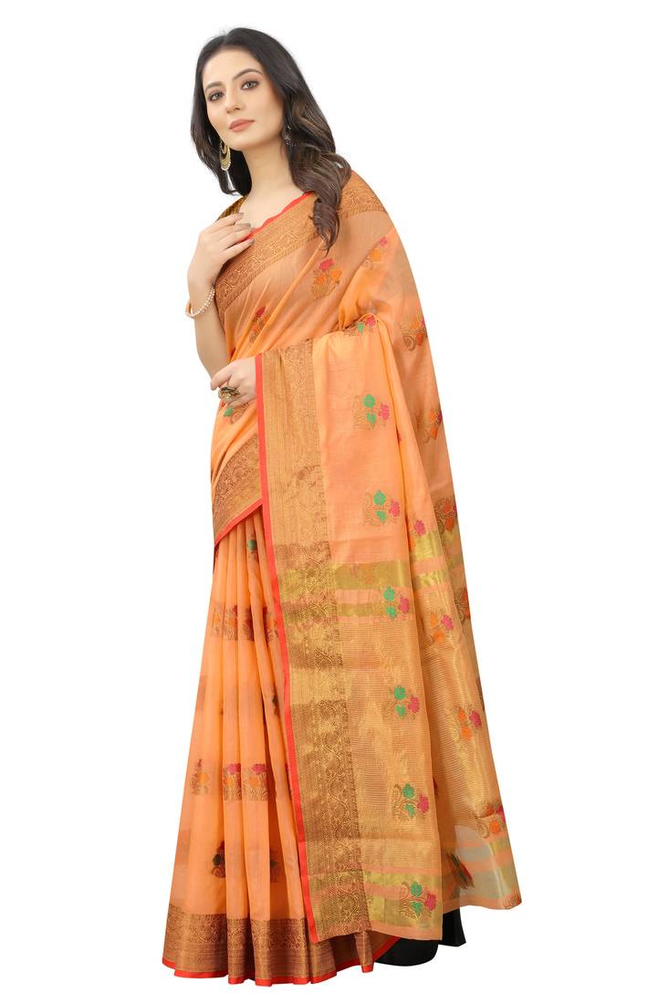 Women's Orange color With Golden Zari Cheap Pallu Chanderi Cotton silk saree with Customize blouse piece