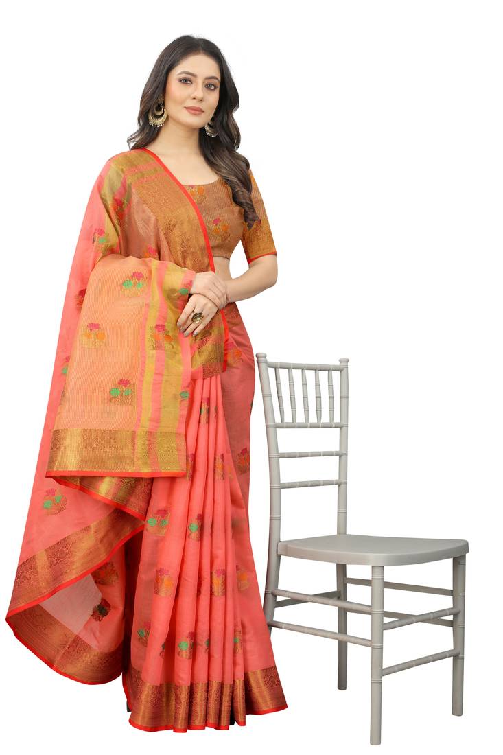 Women's Pink color With Golden Zari Cheap Pallu Chanderi Cotton silk saree with Customize blouse piece