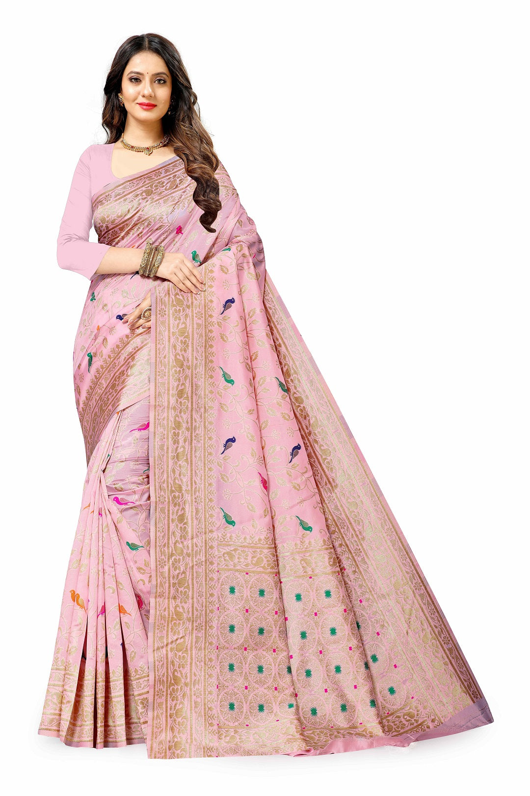 Grey Color Bird Floral Design Banarasi Silk  Saree With Fancy Blouse