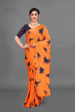 VSaree India Orange Printed Moss Silk Saree With Embroidery Blouse