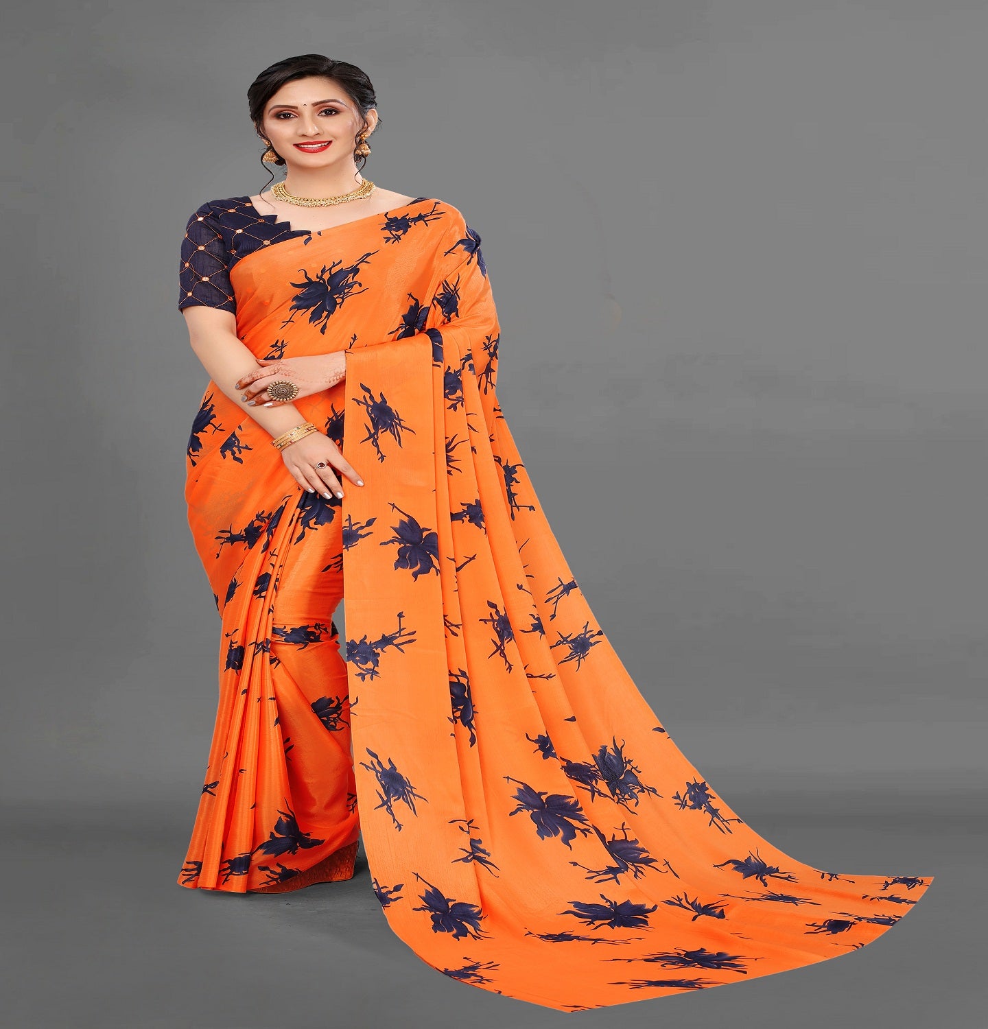 VSaree India Orange Printed Moss Silk Saree With Embroidery Blouse