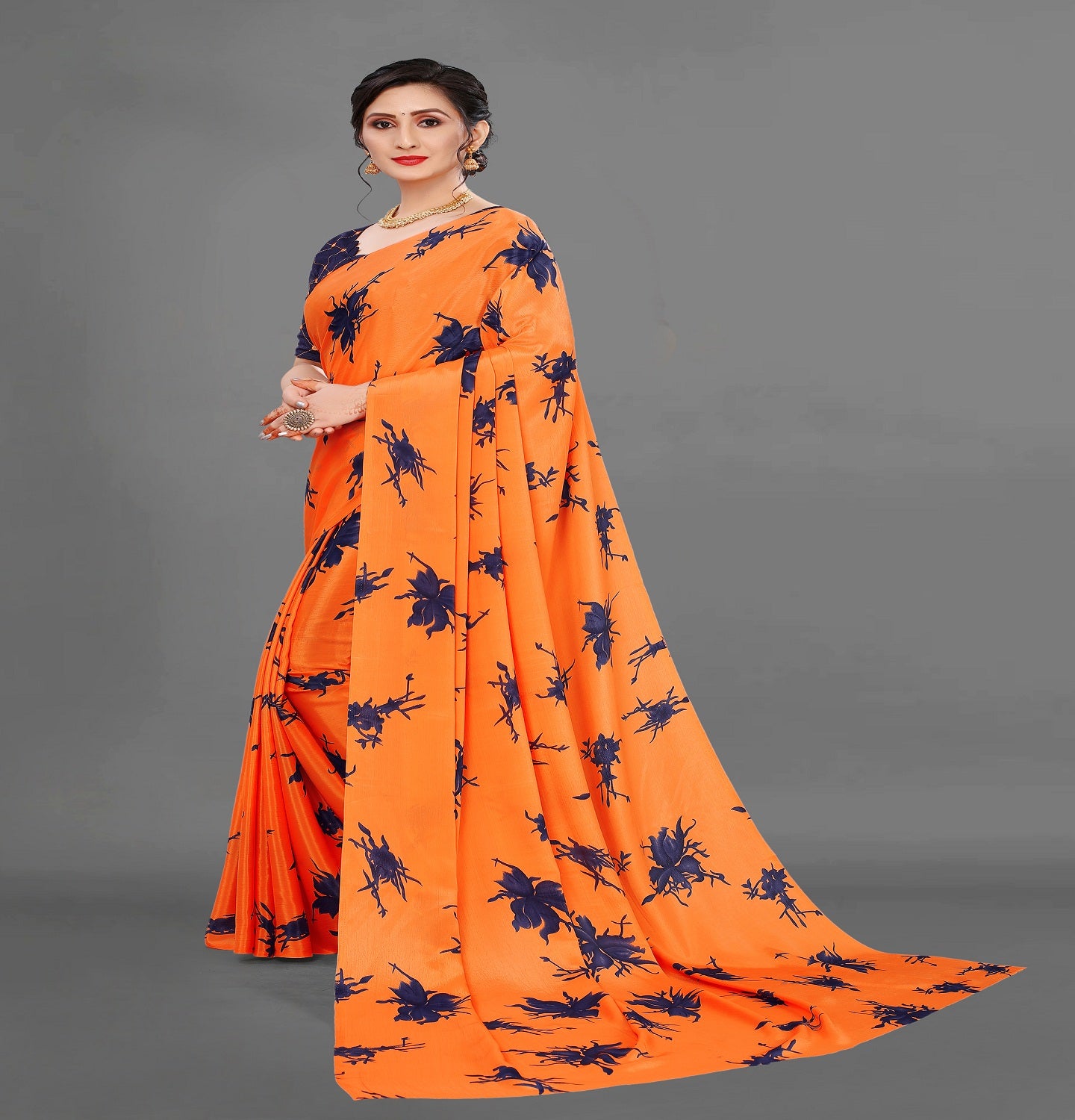 VSaree India Orange Printed Moss Silk Saree With Embroidery Blouse