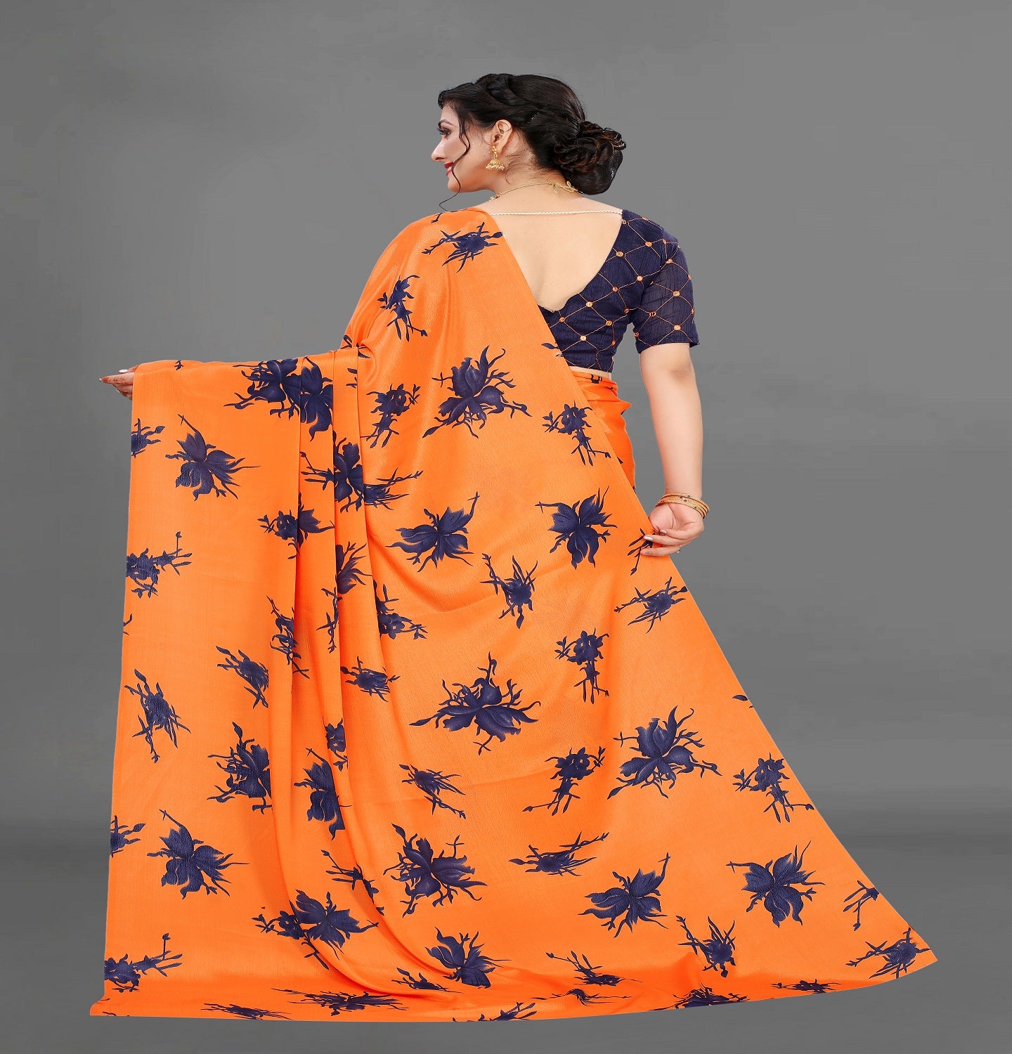 VSaree India Orange Printed Moss Silk Saree With Embroidery Blouse