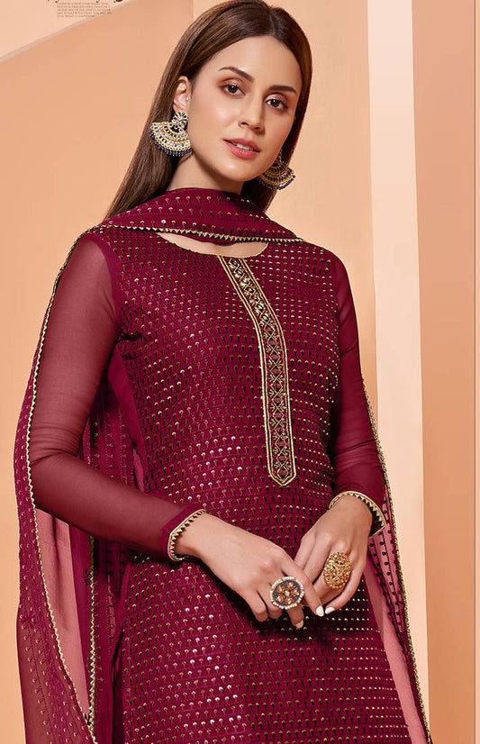 Magenta Thread Emboidery Pure Georgette Salwar Semi Stitched Dress Matrials