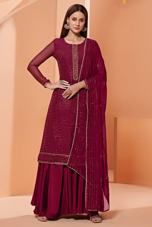 Magenta Thread Emboidery Pure Georgette Salwar Semi Stitched Dress Matrials