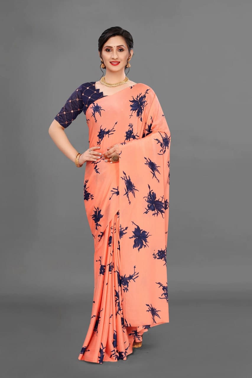 VSaree India Peach Printed Moss Silk Saree With Embroidery Blouse