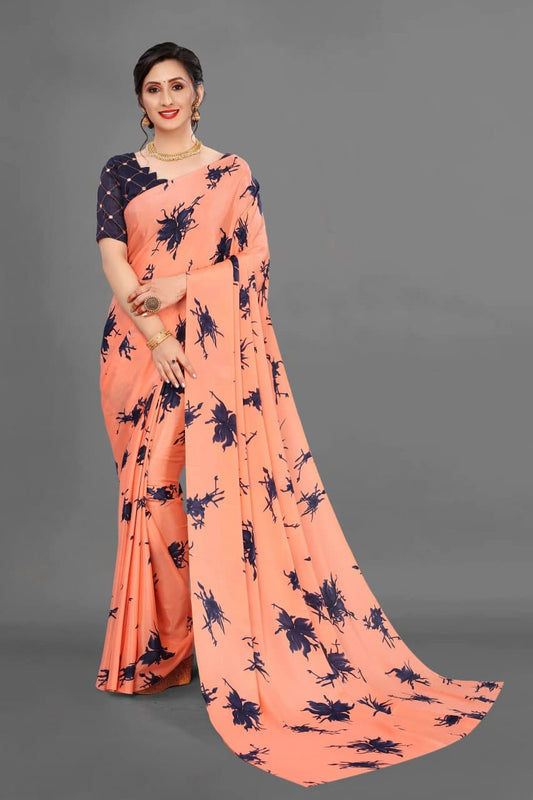 VSaree India Peach Printed Moss Silk Saree With Embroidery Blouse