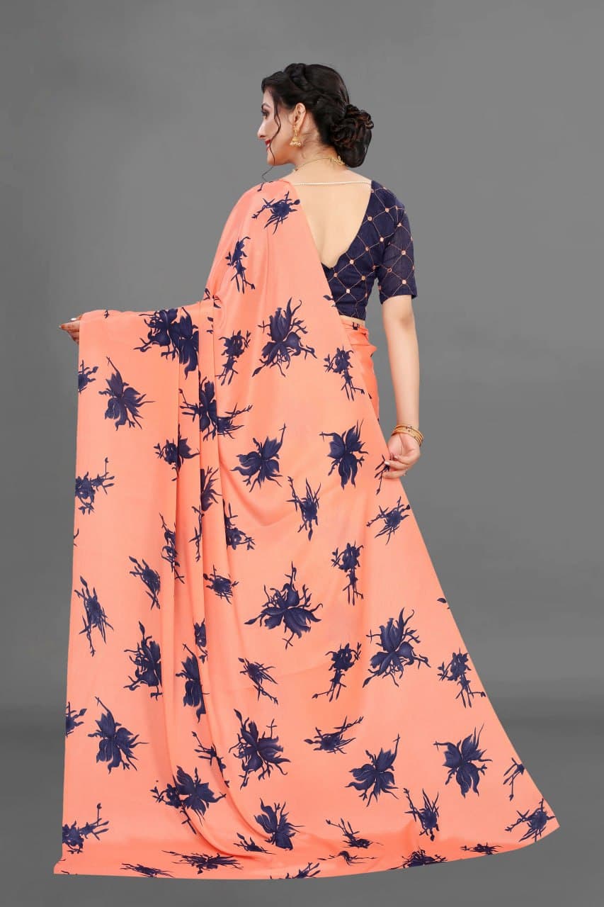 VSaree India Peach Printed Moss Silk Saree With Embroidery Blouse