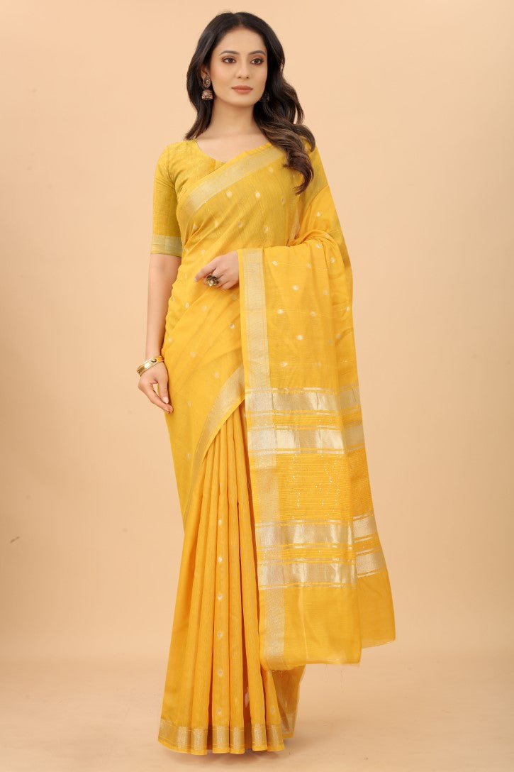 Women's Yellow color With Golden Zari Woven Pure Silk saree with Customize blouse piece