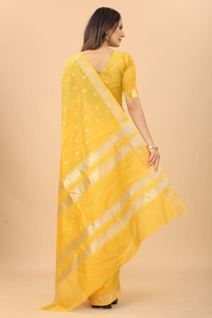 Women's Yellow color With Golden Zari Woven Pure Silk saree with Customize blouse piece