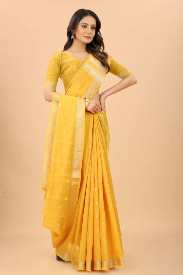 Women's Yellow color With Golden Zari Woven Pure Silk saree with Customize blouse piece