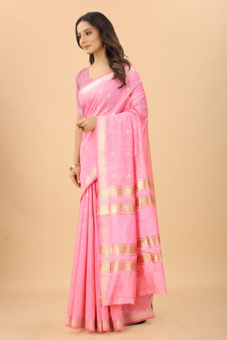 Women's Pink color With Golden Zari Woven Pure Silk saree with Customize blouse piece