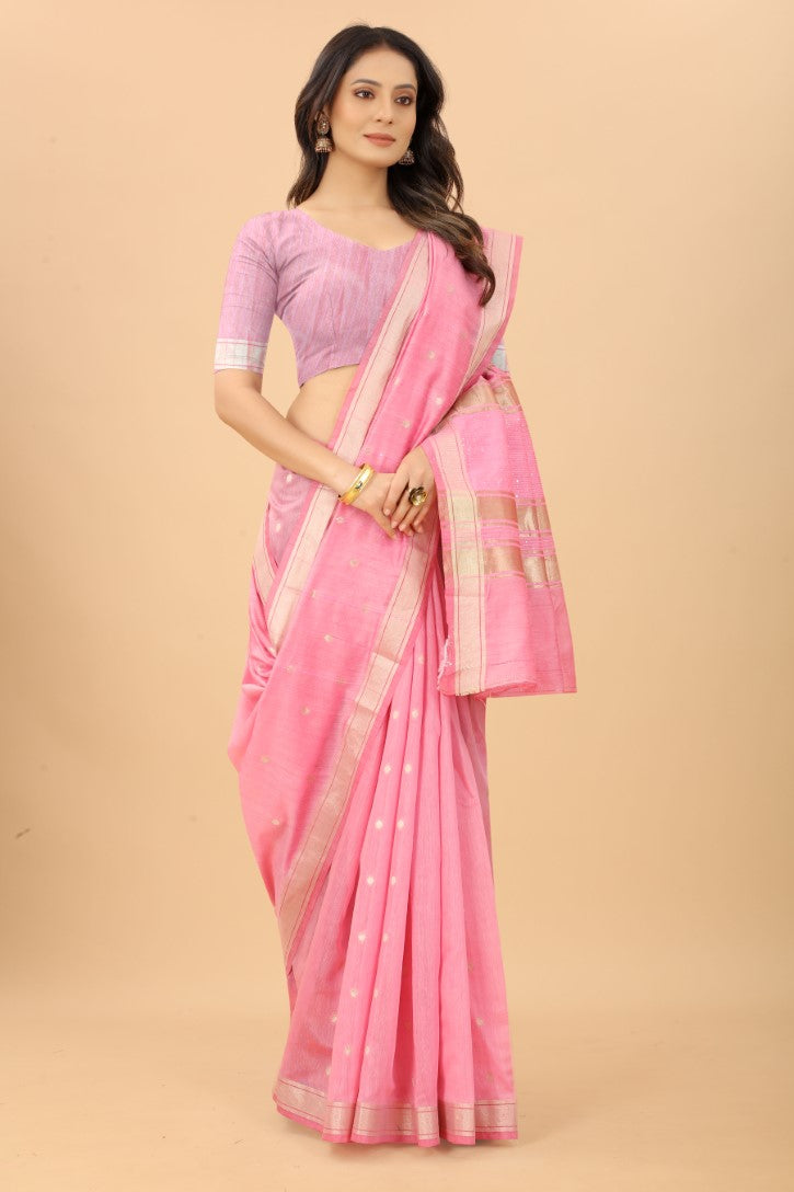 Women's Pink color With Golden Zari Woven Pure Silk saree with Customize blouse piece